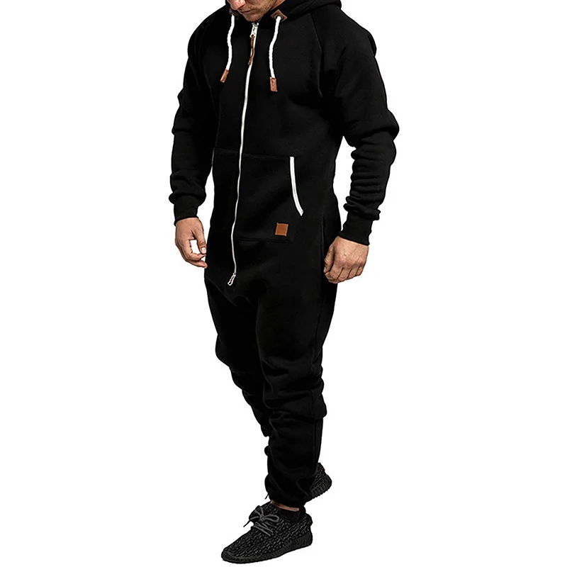 Men\'s Hooded Fleece Lining Jumpsuit Autumn Winter Warm Long Sleeve Full Zipper Overalls with Kangaroo Pockets Night Clothes