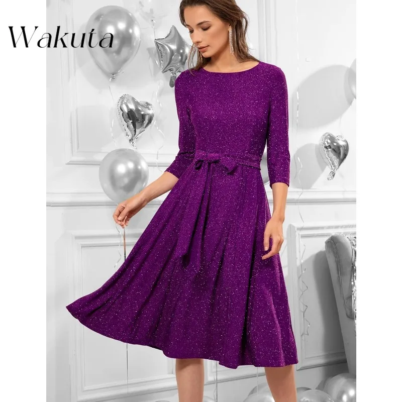 Wakuta Vintage Round Neck Regular Women's Cocktail Dresses Fashion Slim Bow Guest Christmas Vestidos De Fiestas Elegantes Mujer