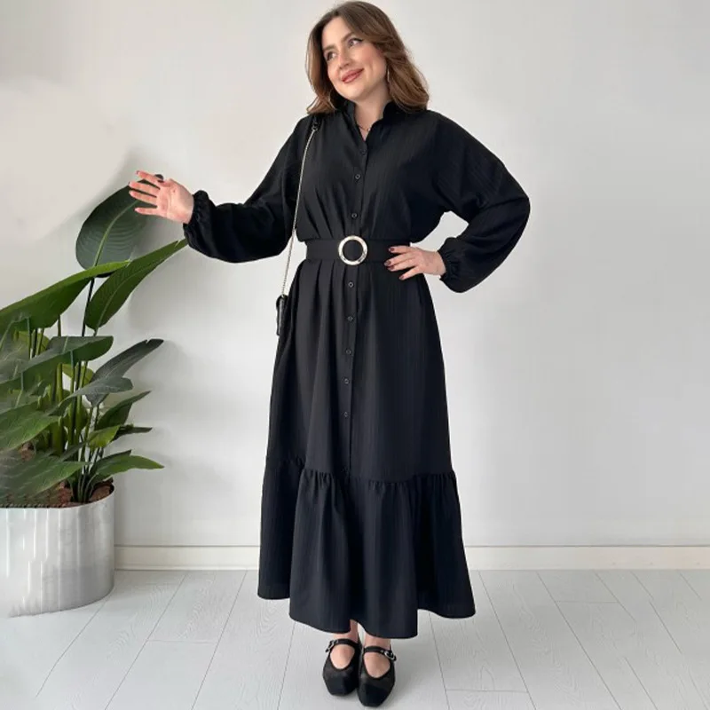 Fashion Solid Color POLO Neck Long Sleeved Dresses Casual Commuting Style Ruffles Skirts Elegant A-line Holiday Dress for Women