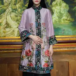 2024 Spring High End Exclusive Design Women's Standing Collar Rayon Embroidered Flower Coat Three Quarter Sleeves Long Top M-XXL