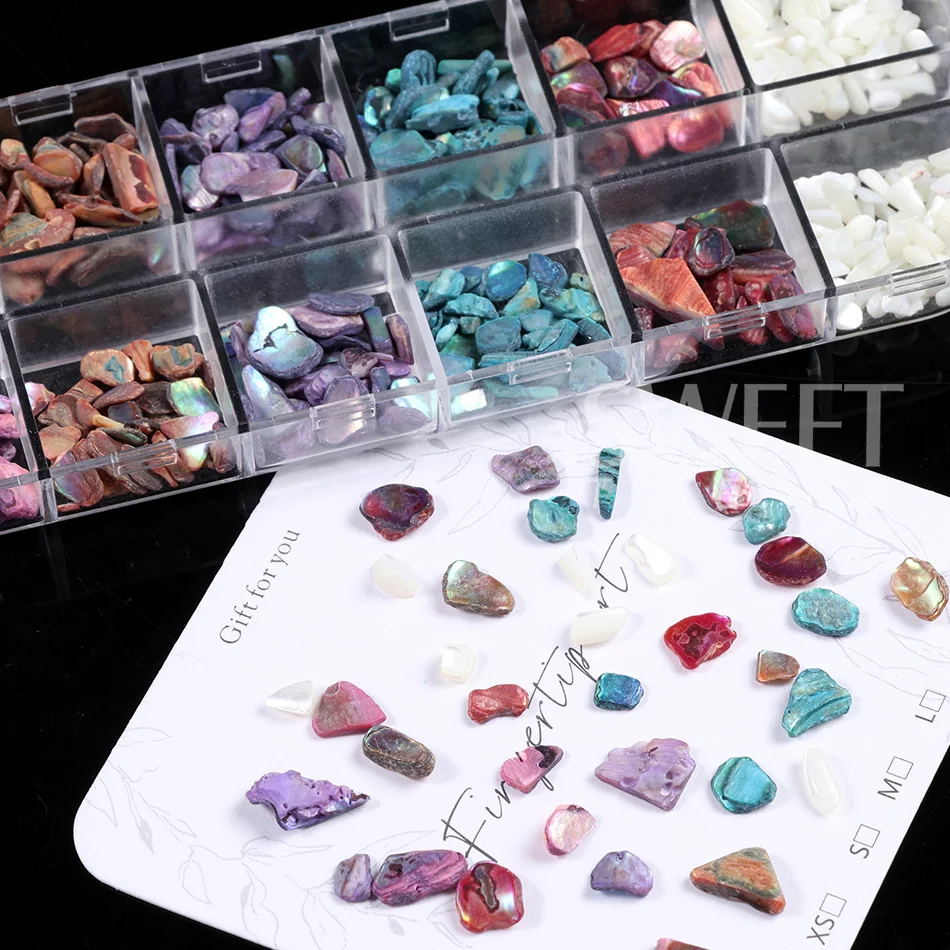 12 Gitter Nagelkunst Aurora Abalone Muschelschuppen 3D Charms Unregelmäßige Muschelfragmente Aurora Scheiben DIY Maniküre Deko Zubehör – Detail 3
