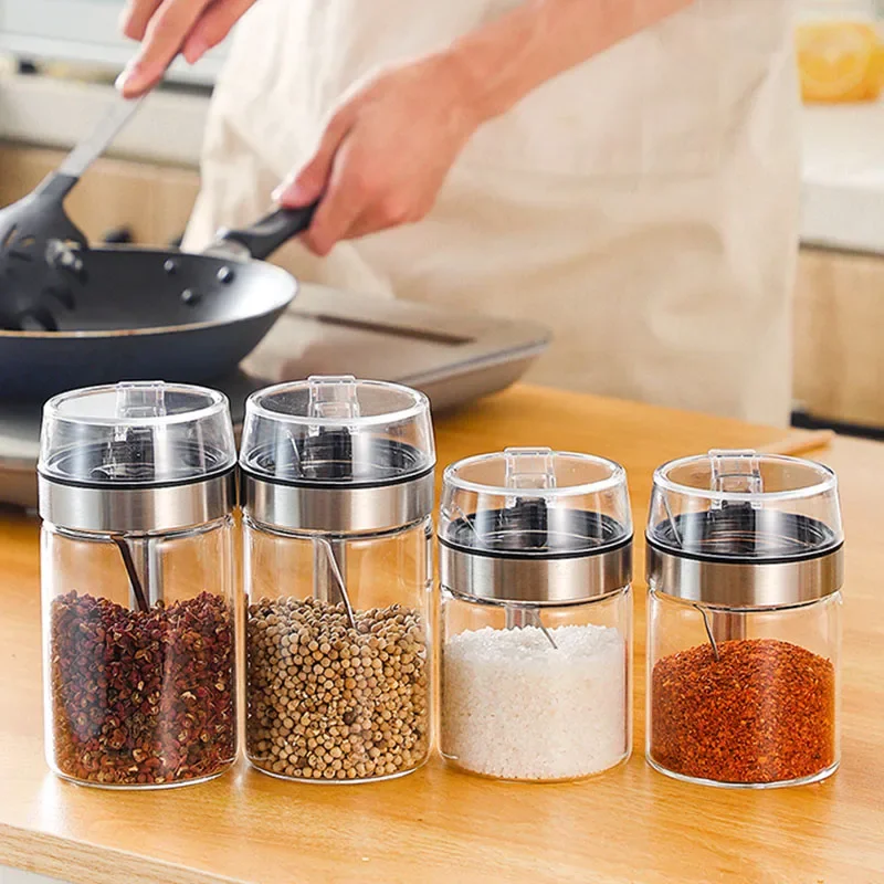 

Mini Clear Glass Spice Jar Container Set with Airtight Lids Spoon Glass Kitchen Storage Bottle Accessories