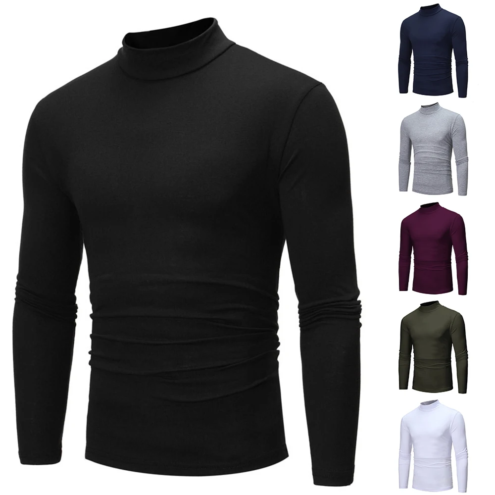 Fall/Winter Slim Thermal Underwear Men\'s Fashion Long-sleeve Fleece Warm Half-high Collar Bottoming Top Casual Pullover T-Shirts