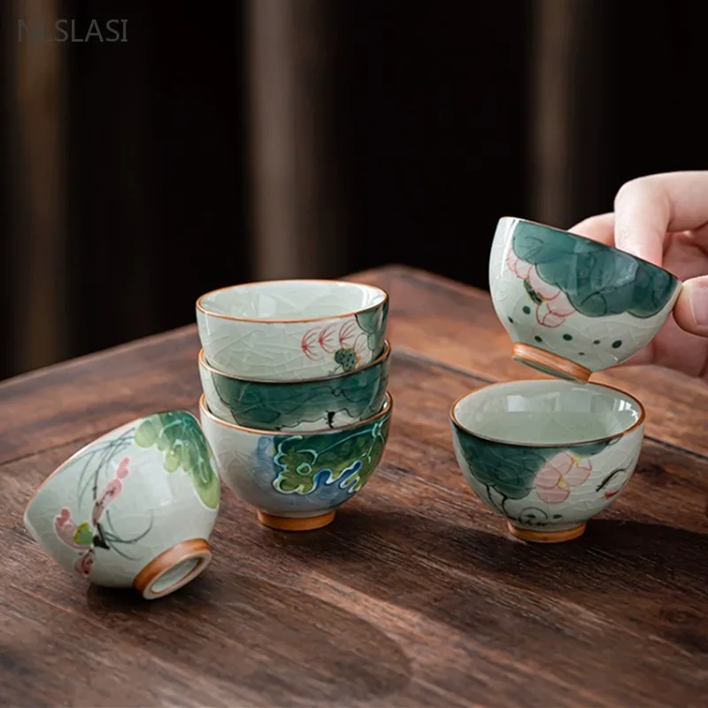 50ml Ge Kiln Ice Crack Glaze Hand-painted Lotus Teacup Ceramic Tea Set Underglaze Color Master Cup Portable Beauty Tea Cup