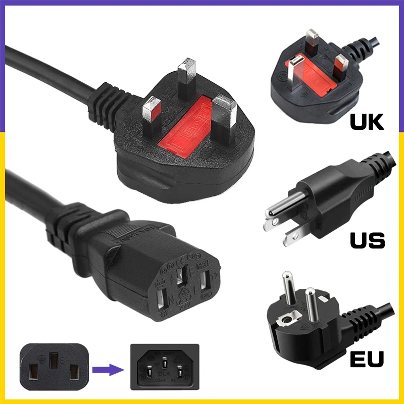 【Pengiriman Cepat】Kabel Daya CPU AC US UK EU Plug 3 Pin 500W/2500W untuk PC Komputer Printer Monitor Rice Cooker Adaptor AC
