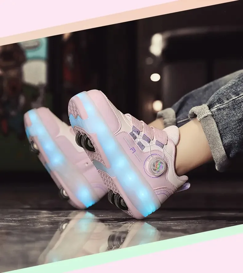 Sepatu Roda Anak Empat Roda dengan Lampu LED untuk Anak Laki-laki dan Perempuan, Sepatu Olahraga Bercahaya, Sneakers Skateboard dengan Pengisian Daya USB