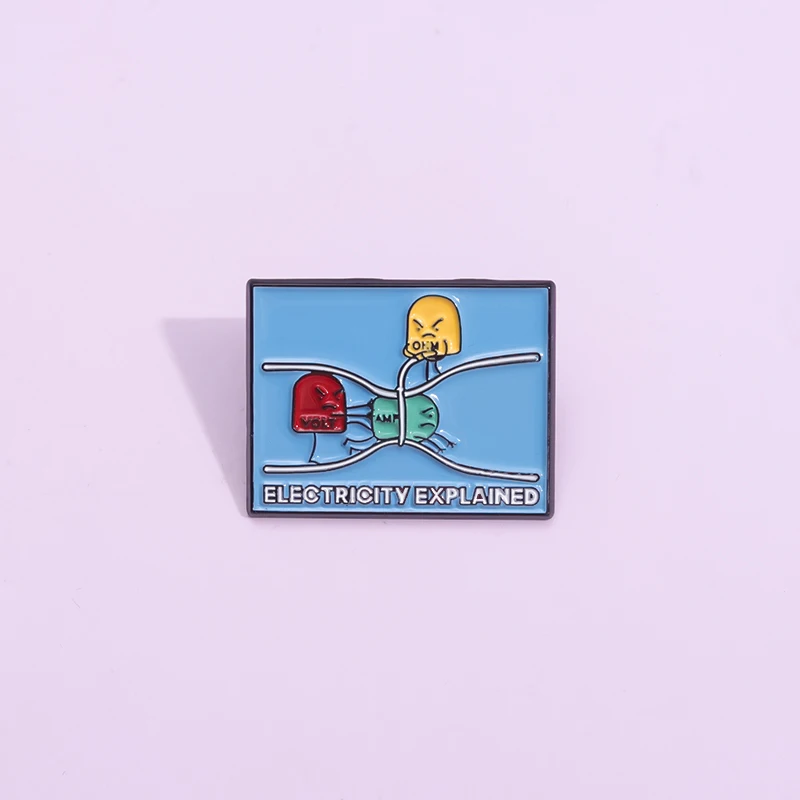 Electricity Explained Science Physics Enamel Pins Cartoon Funny Text Brooches Blue Square Metal Lapel Badge Backpack Clothes Pin