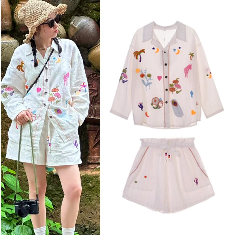 

2 Piece Set Women Spring Summer Luxury Flowers Embroidery Linen Blouses Loose Tops And Shorts Pants Suits Clothing Set NZ100