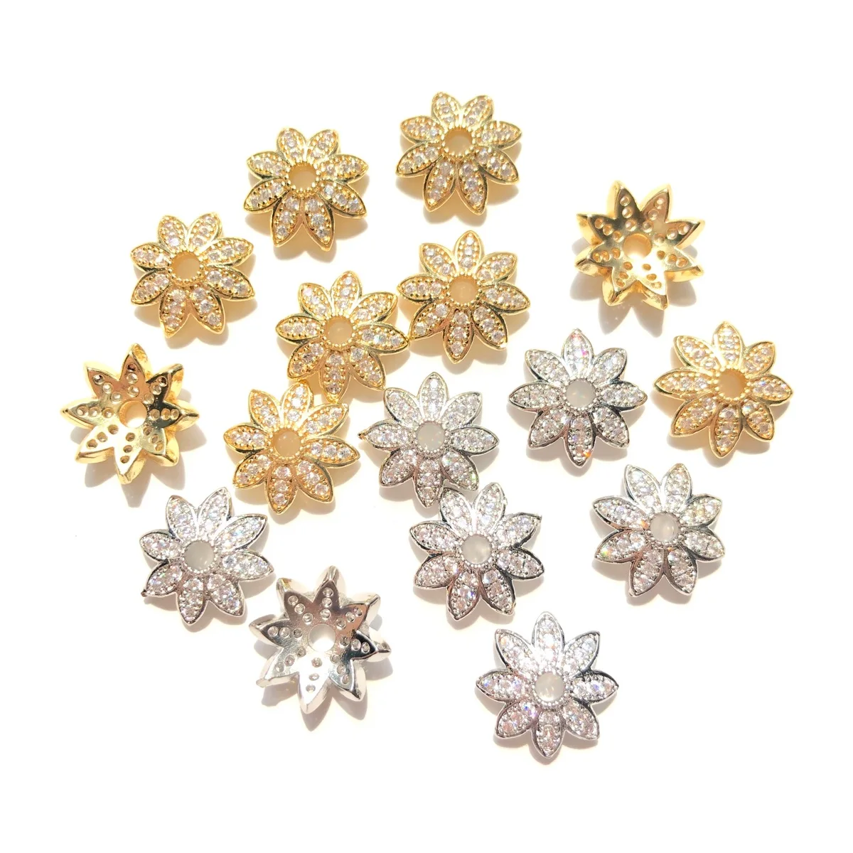 20pcs/lot 12mm Flower Spacer Beads Caps for Bracelet Making Gold-Plated Zirconia Micro Pave Gold-Plate Jewelry Accessory Supply