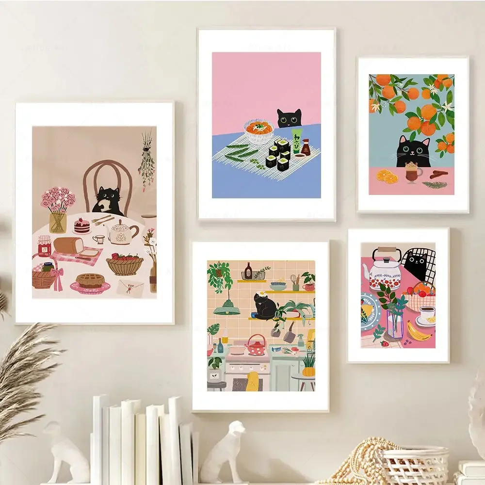 Funny Cat Kitchen Poster Coffee Cake Dessert Food Cat Print Colorful Dining Room Home  Aesthetic Wall Art Canvas Painting