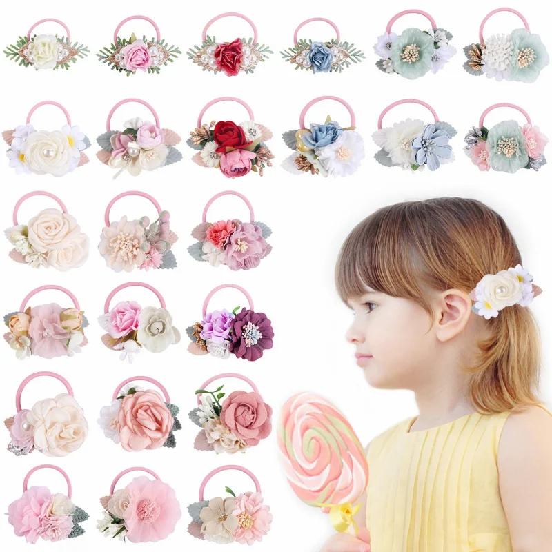 Handmade Flower Elastics Hair Ties For Kids Girls Stretchy Rubber Hairband Slim Headband Scrunchies Ponytail Holder Ring Loop