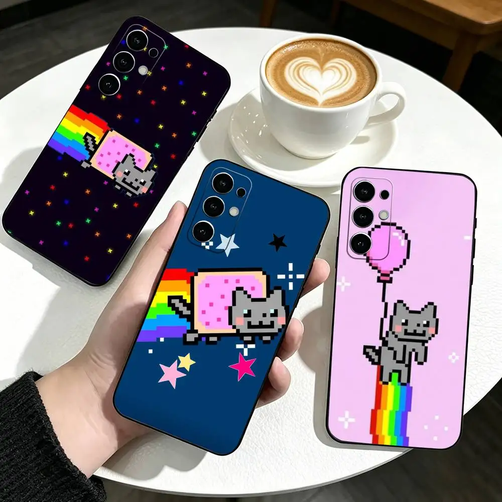 Cute N-Nyan C-Cat  Phone Case Black Silicone Soft For Samsung S25,S24,S21,S22,S23,S30,Ultra,S20,Plus,Fe,Lite