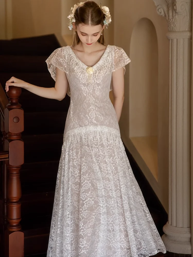 84-92cm Bust Summer Maxi Dresses For Women Elegant Slim Sexy V-Neck Lace Light Wedding Dress Sweet Birthday Dress Evening Gown