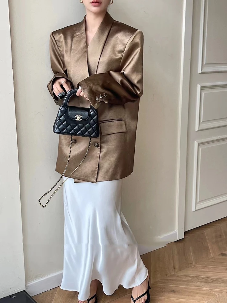 [oein]  Spring Korean Version Satin Silk Smooth Wide Version Suit Loose Shoulder Pad Gold Jacket 2024 Autumn Blazer Fashion