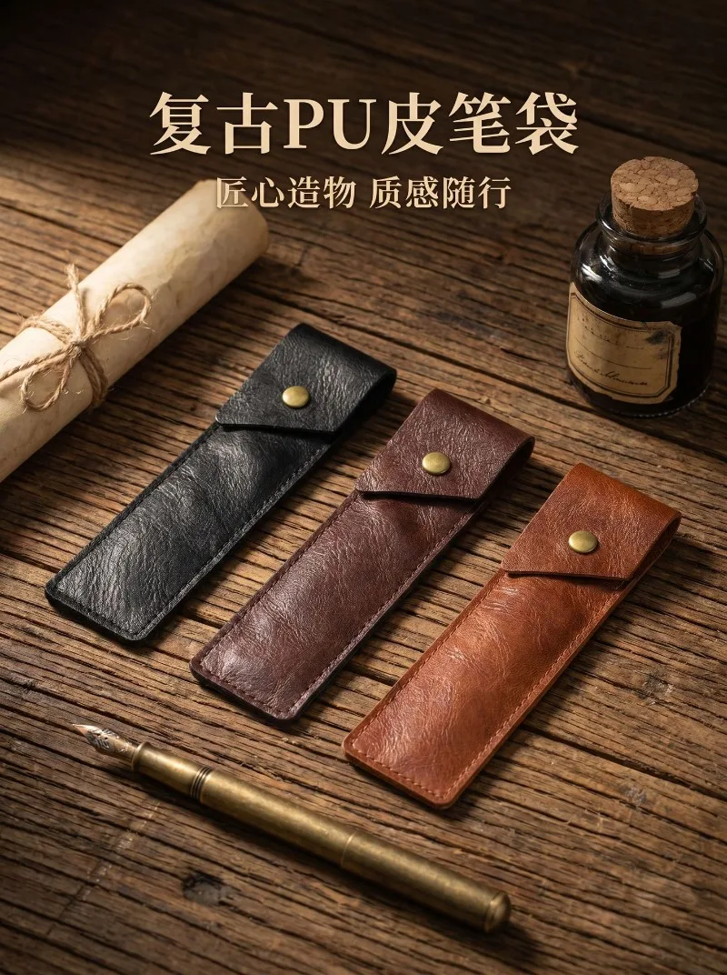 Thin‑Style High‑quality PU Leather Pen Storage Pouch, Hand Sewn Edge, Metal Snap‑Button Two‑slot Lightweight Portable Pen Holder