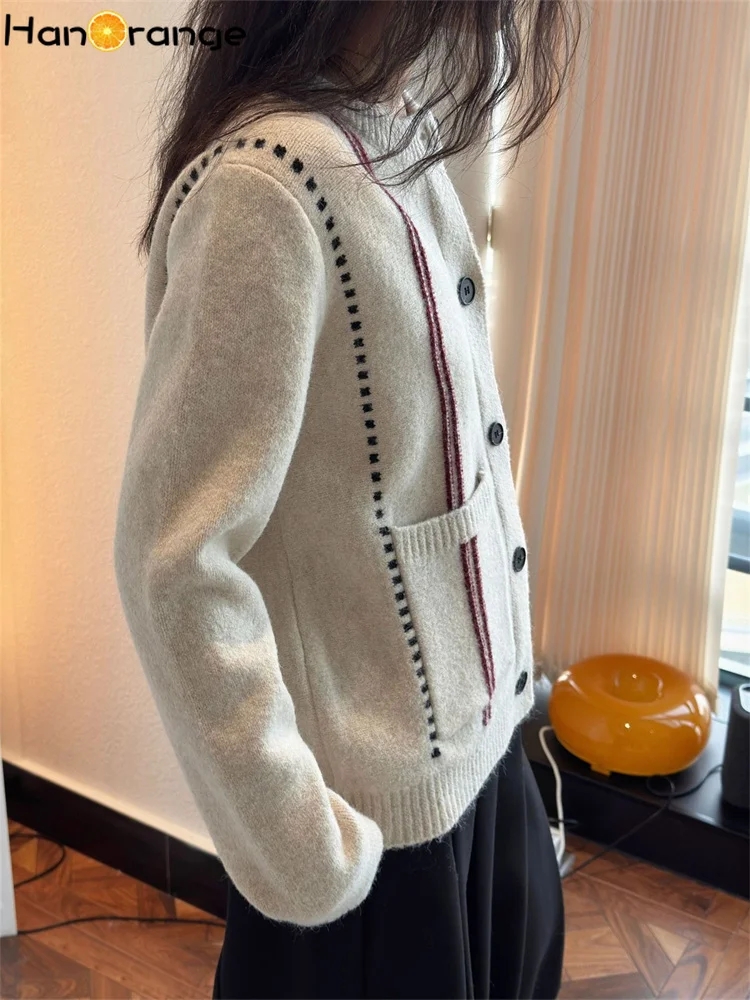 HanOrange 2025 Early Spring Retro Bright Thread Wool Knitted Cardigan Soft Comfortable Top Sweater Apricot/Light Gray