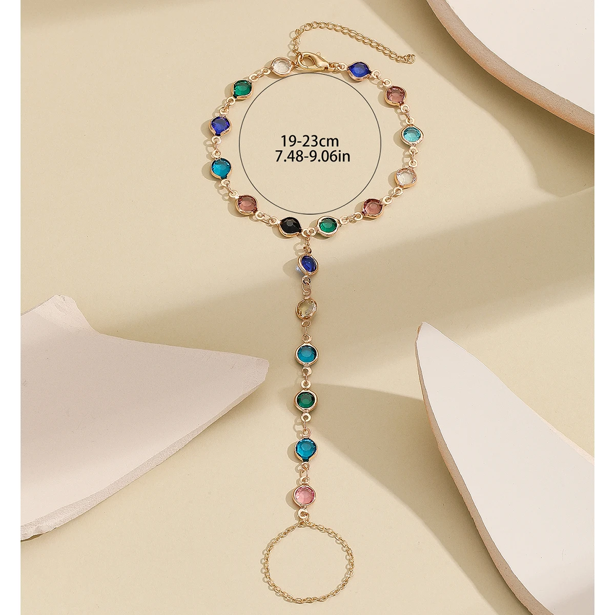 Kinitial Bohemia Colorful Zircon Link Chain Bracelet For Women Girls Fashion Finger Ring Bangle Jewelry Party Birthday Gift