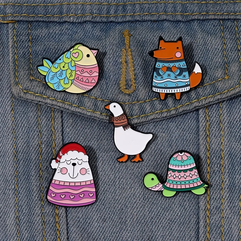 Cat Fox Turtle Goose Bird in Sweater Cartoon Enamel Pins Animal with Scarf Decorative Lapel Badge Bag Clothes Jacket Accessories