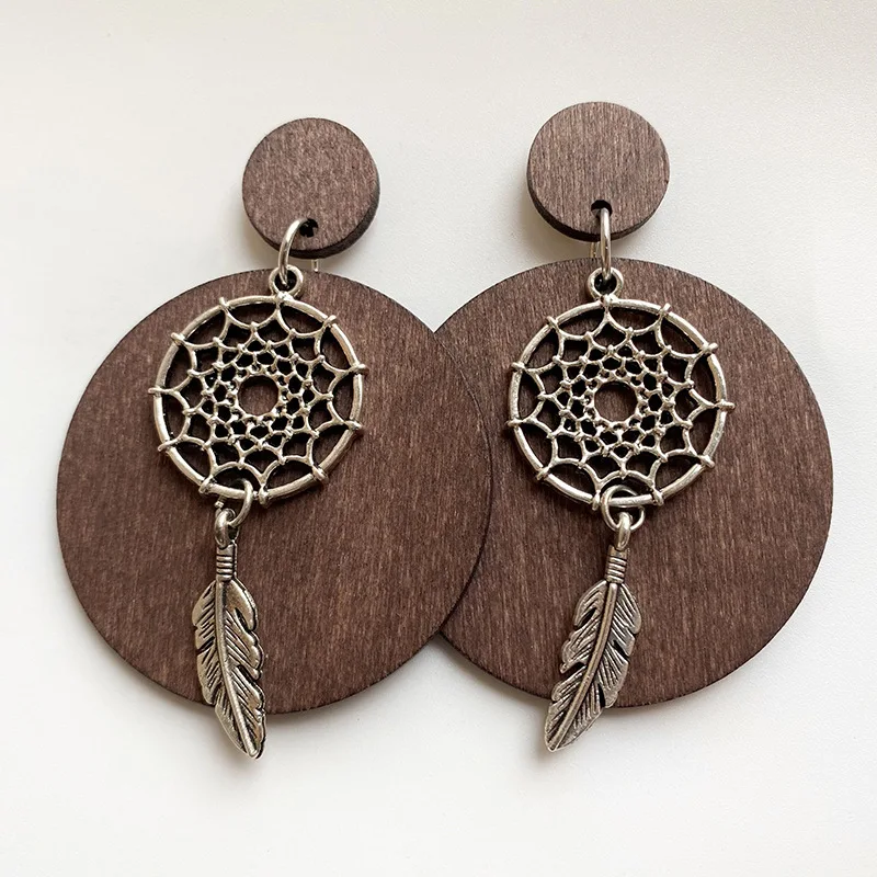 Dream Catcher Vintage Wooden Earrings Personality Exaggerate Bohemian Geometry National Style Earrings for Women Gift Jewelry