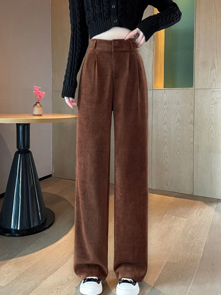 Plus-velvet Straight Pants Women Thick Warm Corduroy Autumn Winter Vintage Solid Empire Floor Length All-match Female Chic Daily