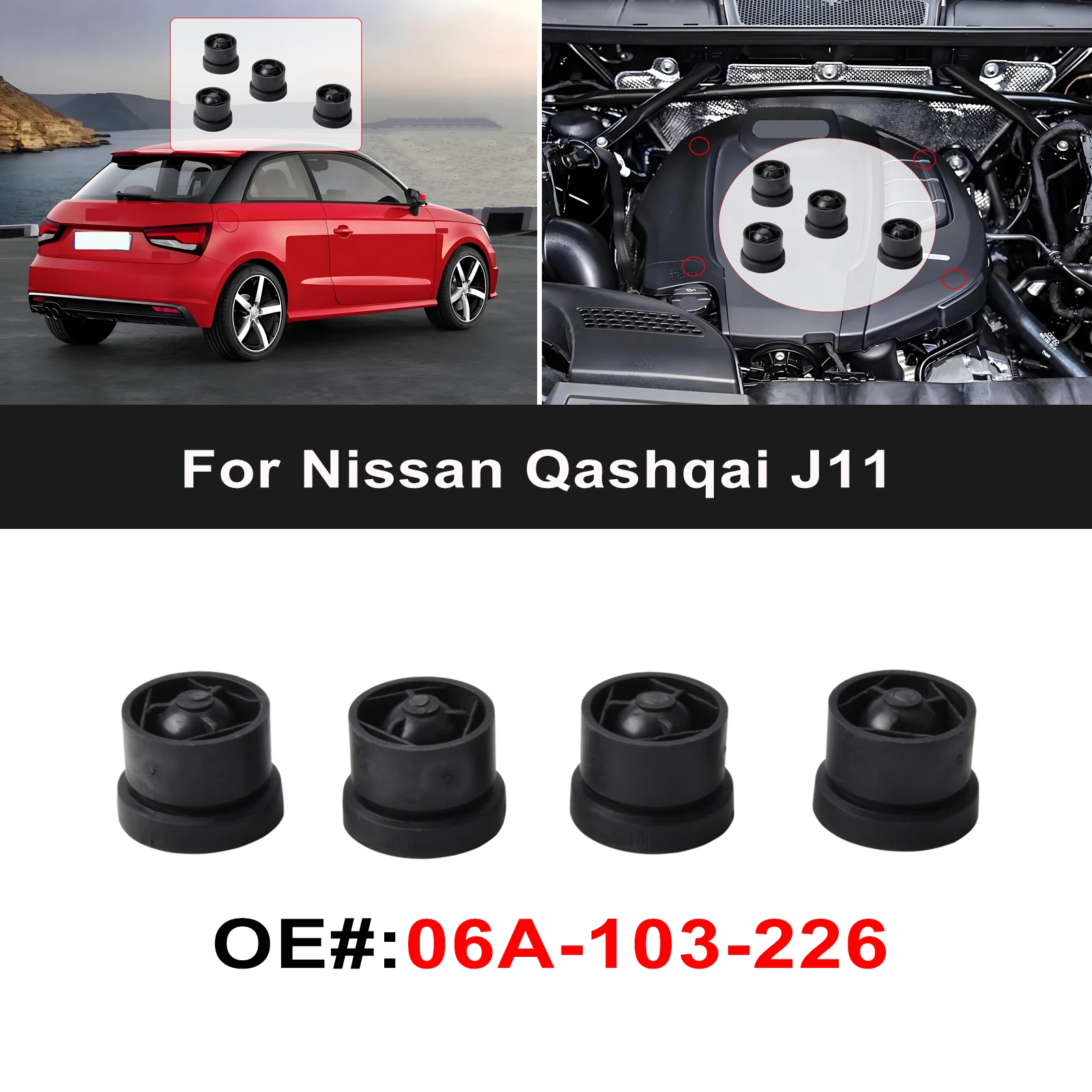 4 Stück Motorabdeckungs-Gummibuffer, Stoßdämpfer, Montageanschlag, Drehpunkt-Buchse für Nissan Qashqai J11 VW Skoda Superb Yeti 2010 2011