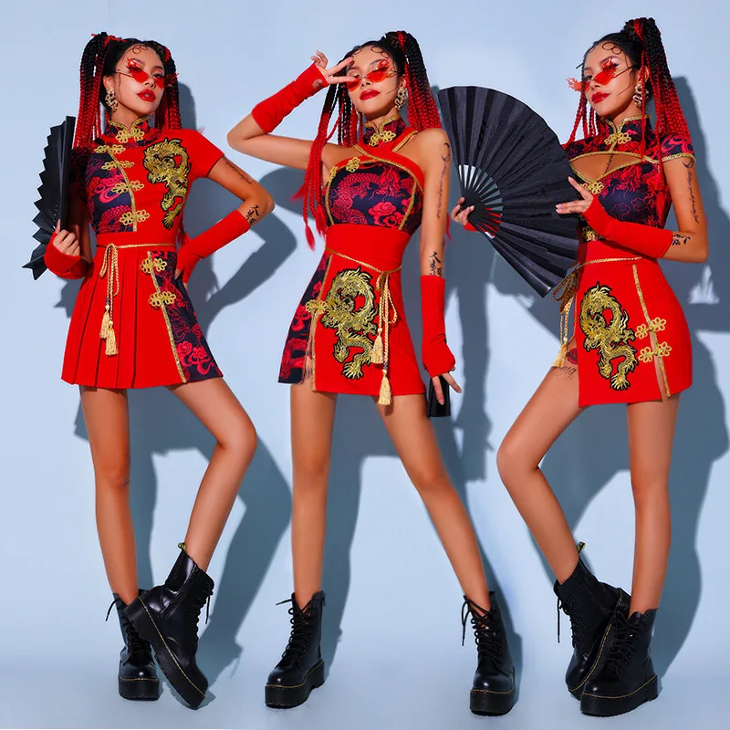 Sexy Chinese Style Clothing Women 2 Piece Set Mandarin Collar Festival Outfit Tang Suit Asian Cheongsam Stage Outfits JUPAOPAO