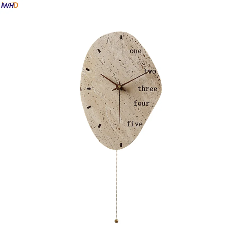 

IWHD Creative Clock LED Wall Sconce Lamp Yellow Travertine Pull Chain Switch Wabi Sabi Stair Bedroom Living Room Lights Arandela