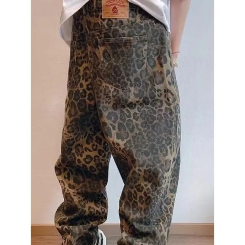 Deeptown Tan Leopard Jeans Men Oversized Wide Leg Trousers Streetwear Hip Hop Denim Pants Male Vintage Baggy Casual Animal Print