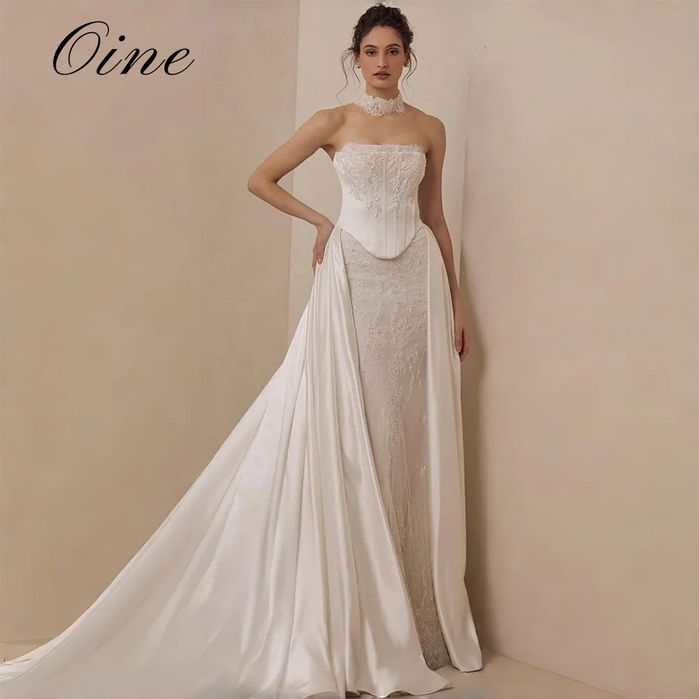 Oine Delicate Mermaid Long Wedding Dress Lace Bibs Satin Tail Elegant vestidos de novia Sweetheart Collar Bridal Gown Customized