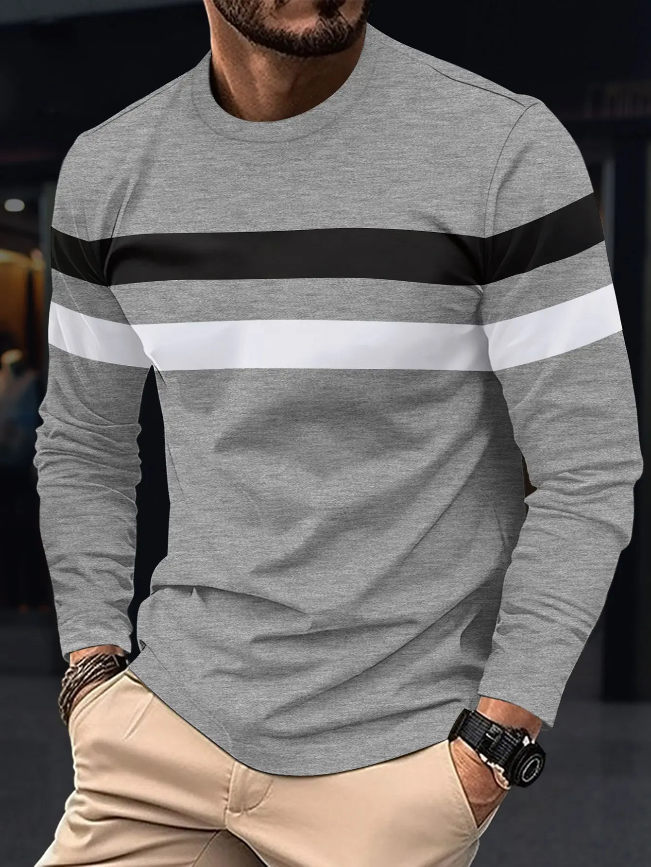 Simple New Spring And Autumn Men's Long Sleeve T-shirt Round Neck Bottom Top Color Blocked Versatile Oversized Comfortable Tees image 3