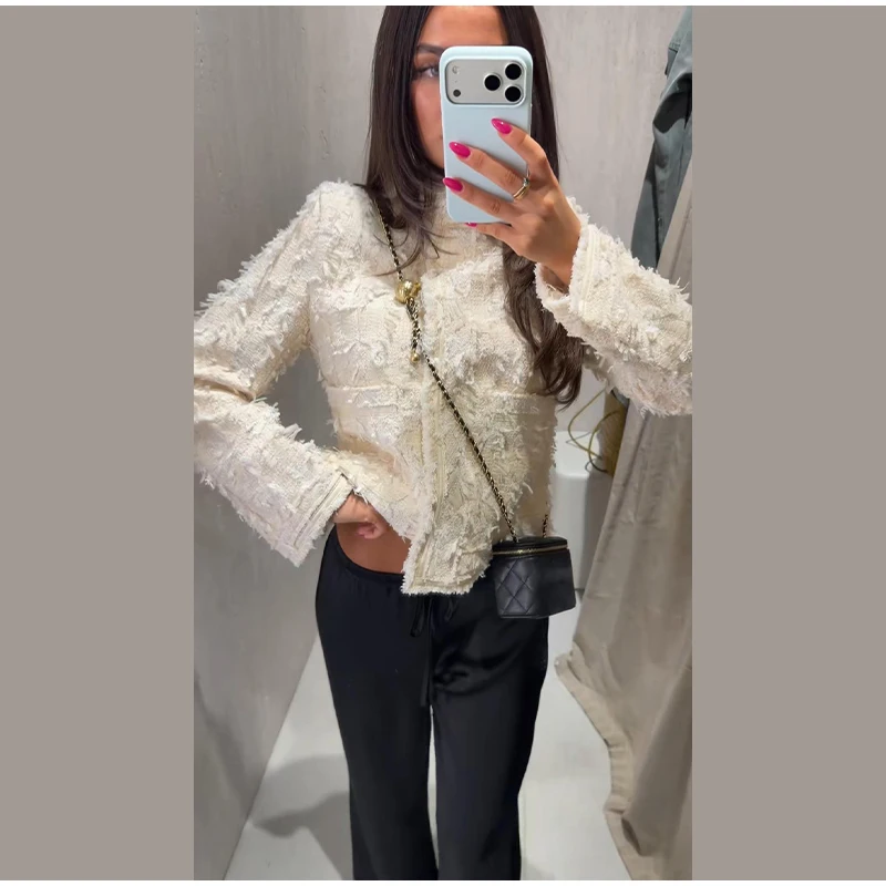 Damenmäntel mit Quasten, Rollkragen, Langarm, Einreihig, Tailliert, Frühlings- und Herbstjacken, Neuer Tweed-Mantel für Damen – Detail 6