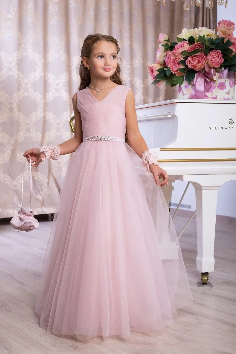 

Light Sky Blue & Blush Pink Little Girls Formal Event Wear Dresses Pleated V Neck Long Junior Bridesmaid Gowns Cute Flower