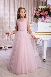 Light Sky Blue & Blush Pink Little Girls Formal Event Wear Dresses Pleated V Neck Long Junior Bridesmaid Gowns Cute Flower