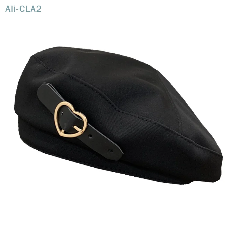 New Metal Love Heart Buckle Black Berets Autumn Winter Warm Hip Hop Hats Vintage Elegant Women Girls Decorative Cap image 5