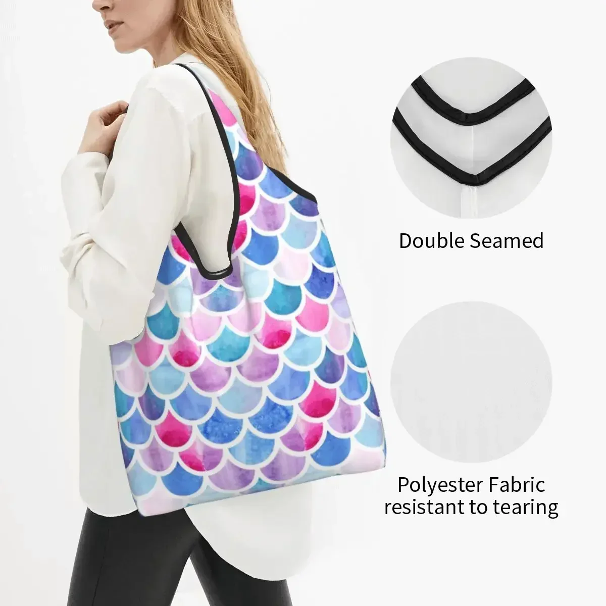 Kawaii Printing Fb605ccdGlitter Scales Print Tote Shopping Bags Portable Shopper Shoulder Handbag