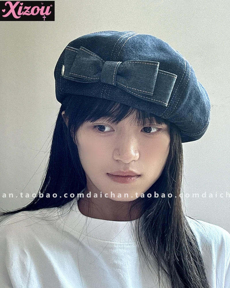 

Японский тяжелый промышленный милый темный джинсовый берет ручной работы с двойным бантом, текстурированная восьмиугольная шляпа с тыквой