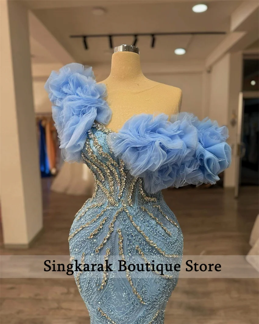 

New Elegant Blue Luxury Women Evening Dresses 2025 Women Gems Beading Crystals Ruffle Sleeve Wedding Party Gown Customized