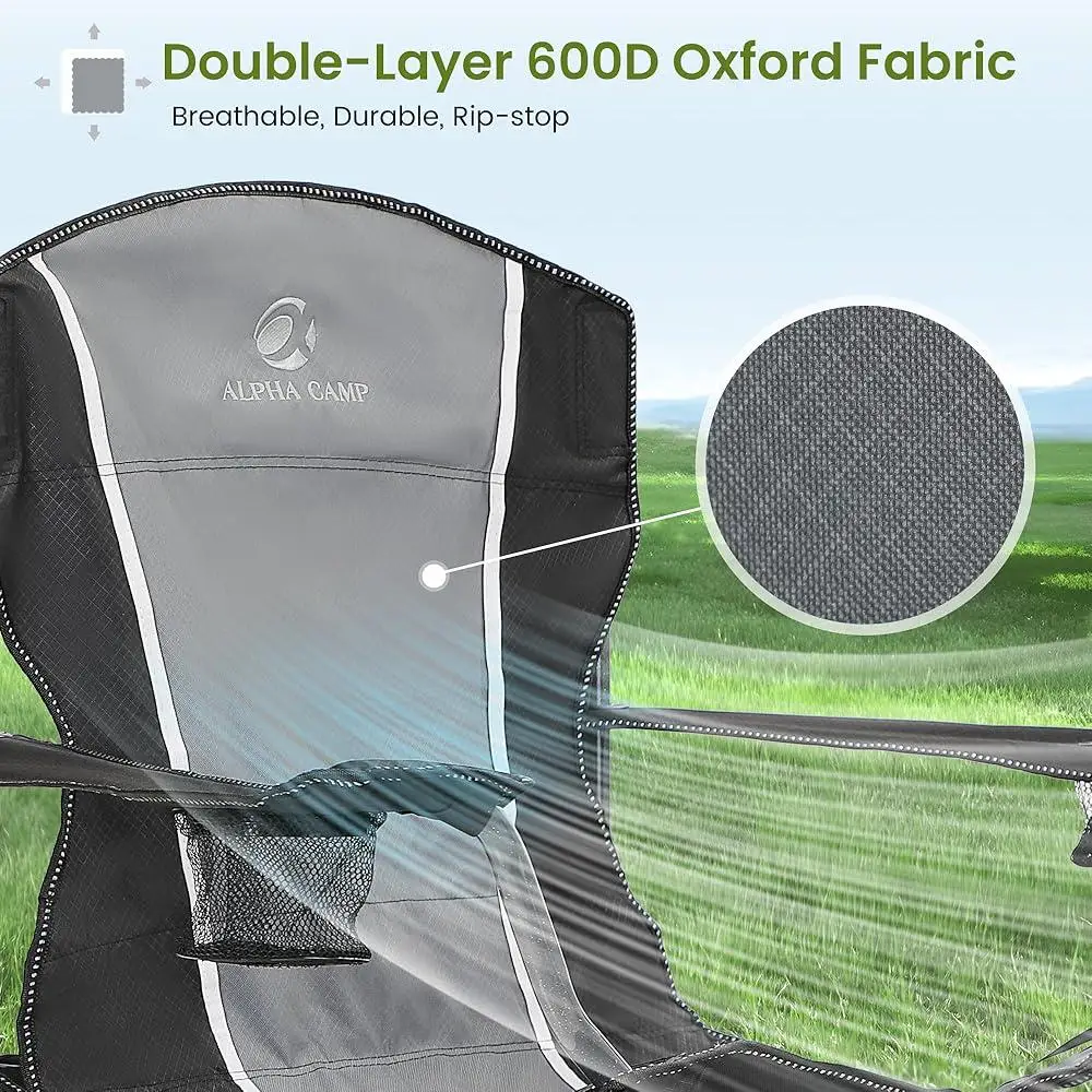 كرسي تخييم كبير الحجم قابل للطي إطار فولاذي عالي التحمل يدعم مساند للذراعين مبطنة قابلة للطي بوزن 350 رطلًا مع حاملات أكواب و