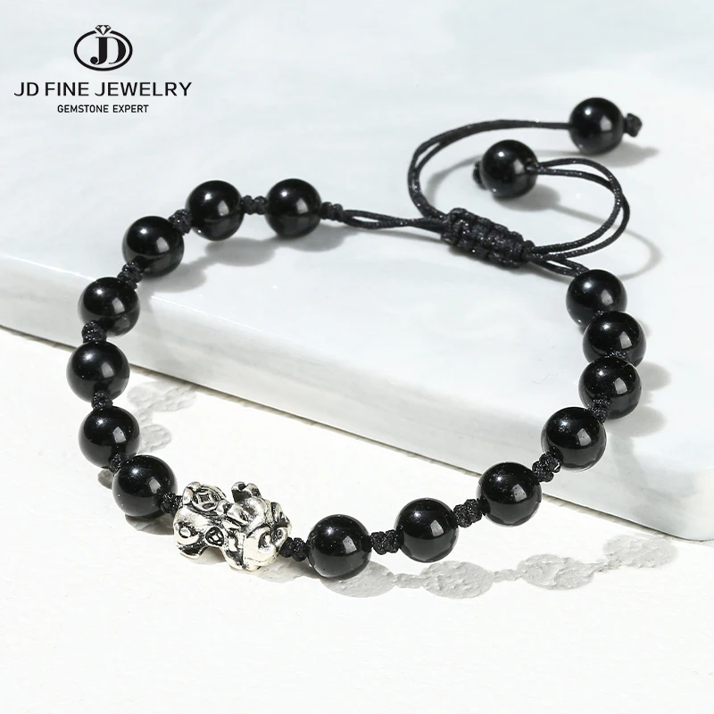 JD Natural Stone Black Obsidian Lucky Pixiu Woven Bracelets Women Men Round Bead Adjustable Health Wealth Couple Jewelry Gifts