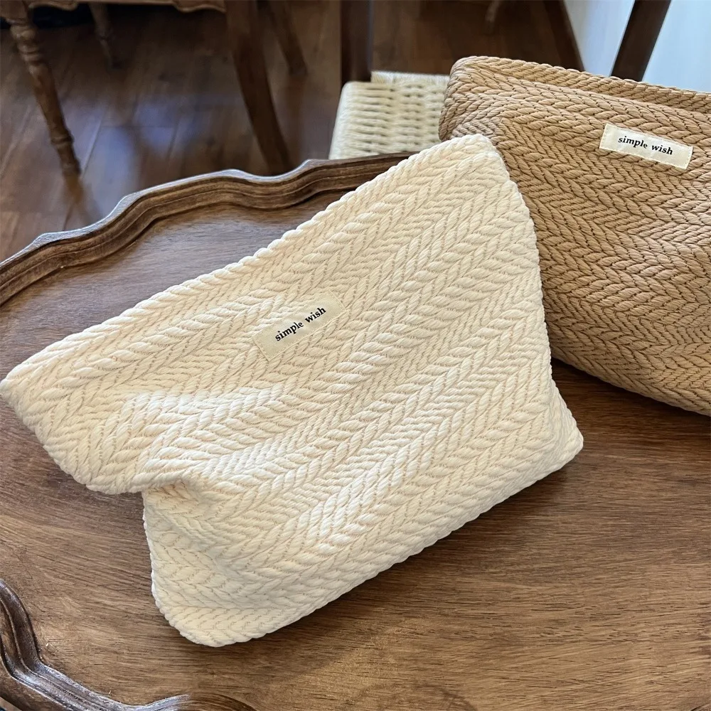 Portable Zipper Makeup Bag Solid Color Woven Fabric Clutches Bag Beige Coffee Large Capacity Storage Bag Outdoor