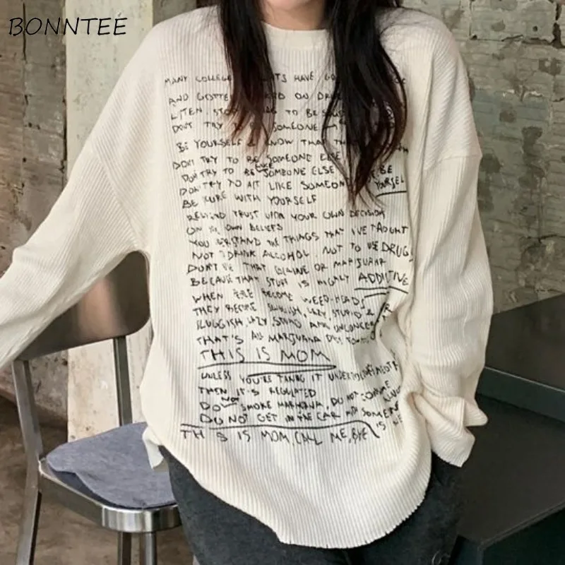 Printing T-shirts Women Design Letter Long Sleeve Spring Tops Outwear College Students Clothing O-neck Korean Style Loose Fit