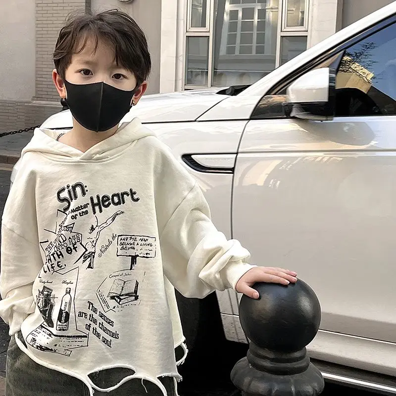 2026 Autumn Boys Hoodie Long Sleeve Ripped Print Sweatshirt Kids Fashion Streetwear Casual Pullover Top