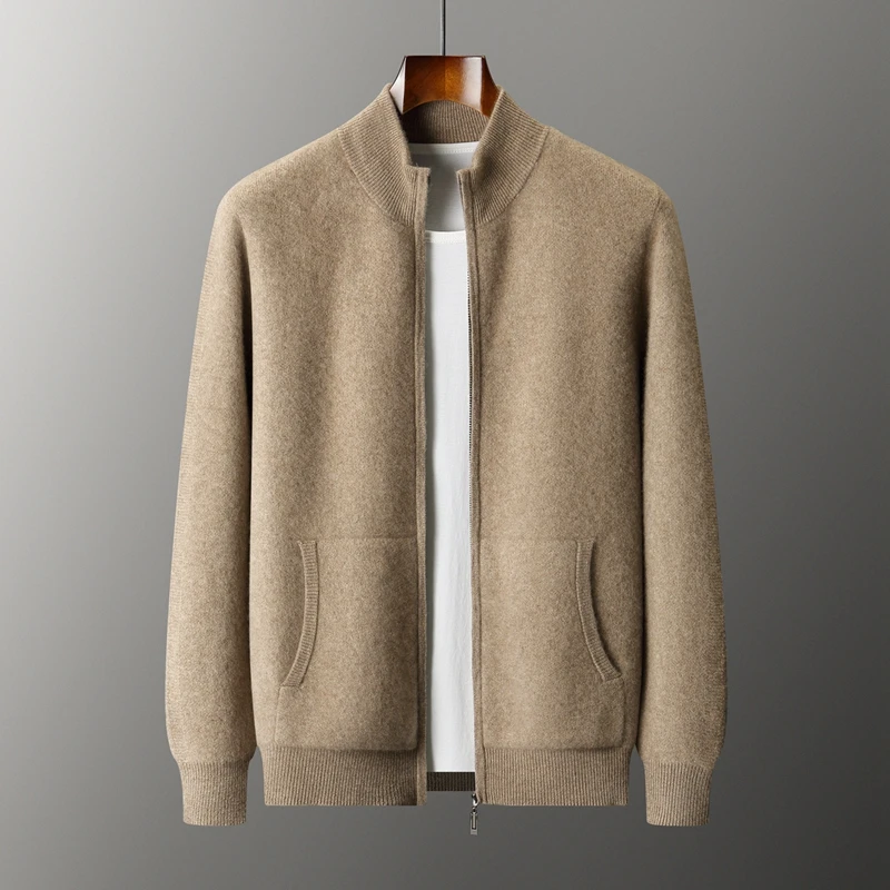 Men's 100% Pure Cashmere Knitted Jacket Stand Collar Zipper Double Pocket Thick Cardigan Sweater for Autumn Wool Sweater