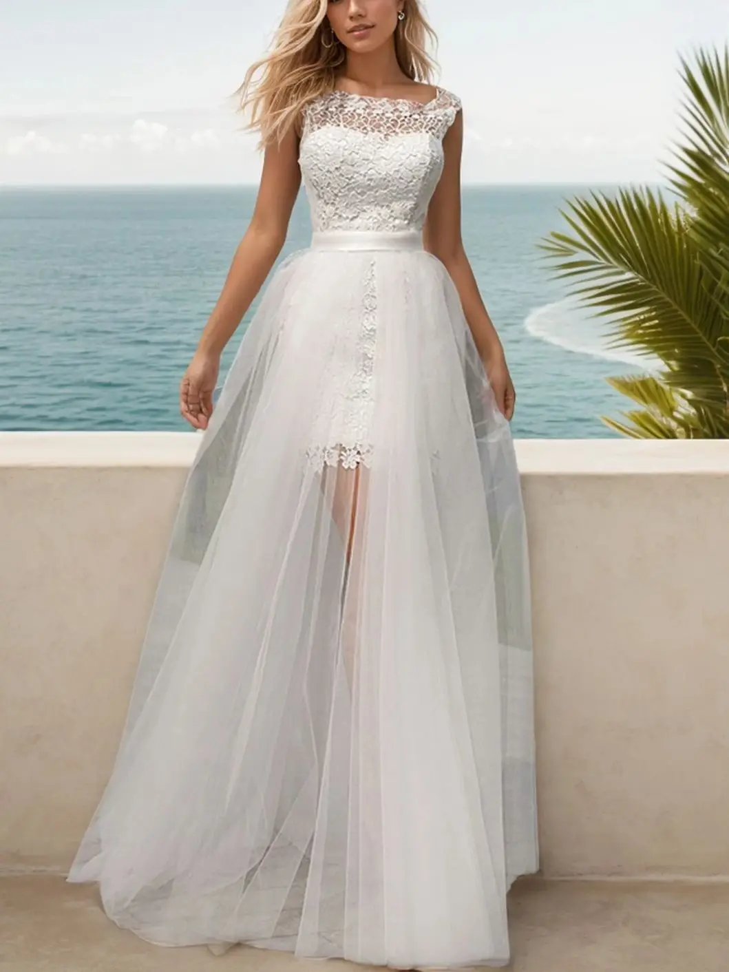 

Elegant Sheath Wedding Dress Scoop Neck Sleeveless Tulle Lace Floor Length Pleated Detachable Bridal Gown 2025 Free Customized
