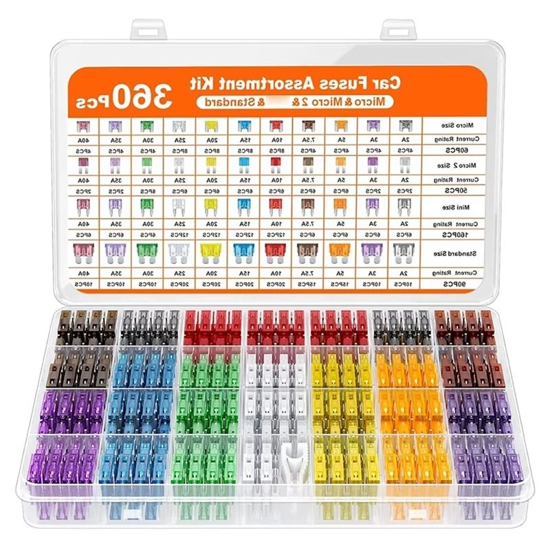 A44U 360Pcs Fuse Assortment Kit,160 Mini Blade Fuses + 90 Standard Fuses + 50 Micro Fuse + 60 Micro2 Fuses(2A -40A)