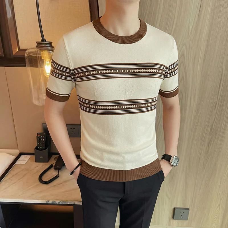 Summer Men's Round Neck Short Sleeved T-shirt Ice Silk Striped Knitted Jacquard T-shirts Slim Fit Casual Business Tshirt 2026
