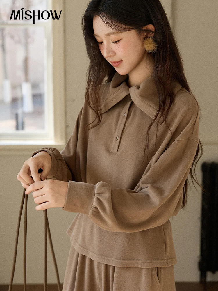MISHOW Two-piece Women's Tracksuits 2025 Winter Brown Retro Suit Brushed Fleece Reversible Neck Top Wide-leg Pants MXE90T1434