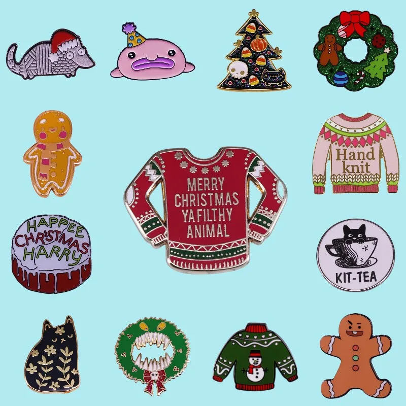 

Top Grade Christmas Tree Sweater Hard Enamel Pins Kawaii Cat Biscuits Metal Brooches Unique Christmas Decoration New Year Gifts