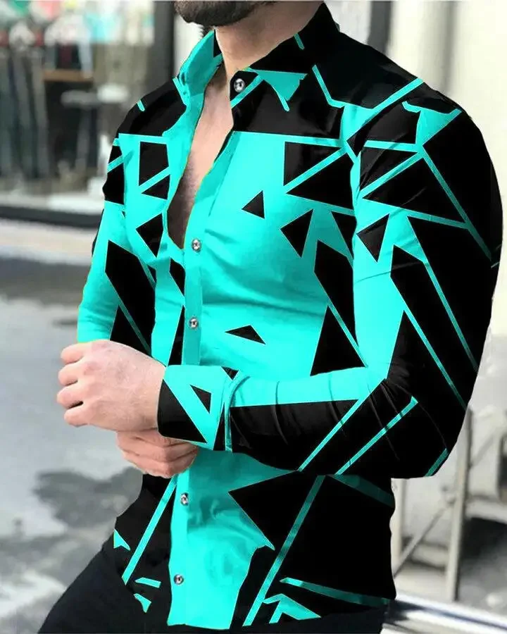 New Men's Color Gradient Geometric Color Blocks 3D Printed Shirt Men's Retro Simple Business Shirt Long Sleeve Lapel Outdoor Top