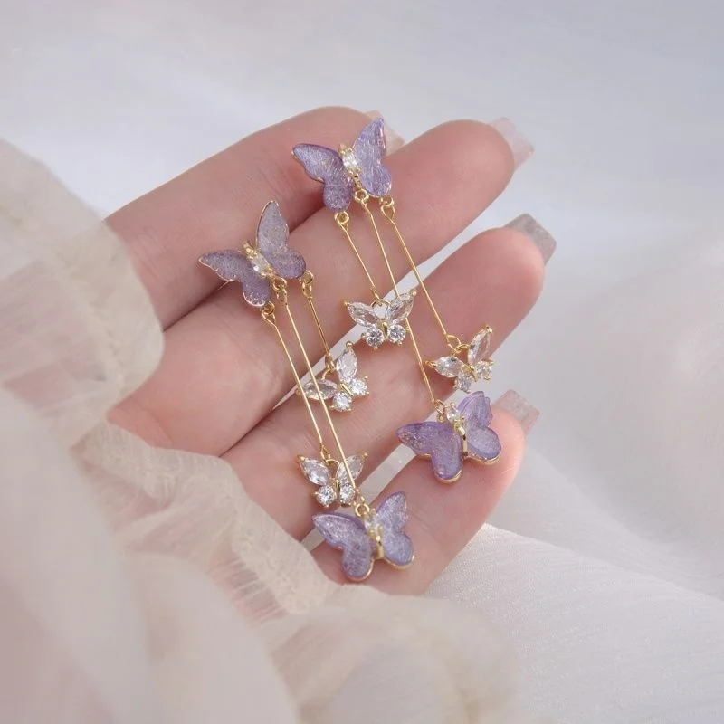 Romantische lila Schmetterling Tropfen Ohrringe für Frauen glänzende Strass Kristall lange Quaste Ohrringe zarte Hochzeit Party Schmuck – Detail 5